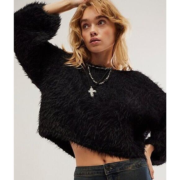 NWT FREE PEOPLE Flurry‎ Wool Blend Cropped Sweater Black Noir Women's Size XS - Picture 1 of 10